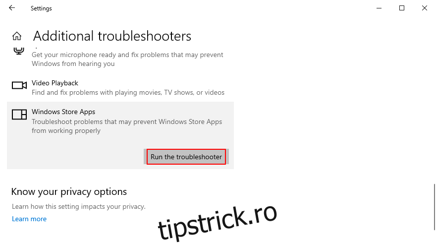 cum să rulați instrumentul de depanare a aplicațiilor din magazinul Windows