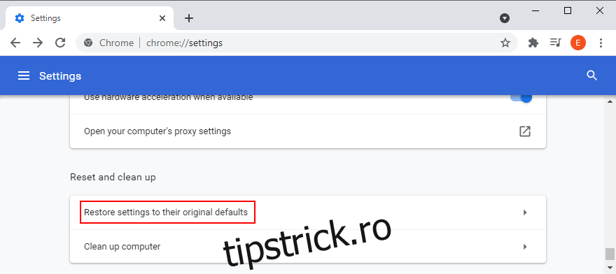 Google Chrome arată cum să accesați opțiunea de restabilire a setărilor browserului la valorile implicite