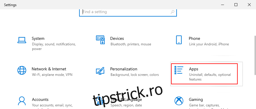 Windows 10 arată cum să accesați aplicațiile din zona Setări