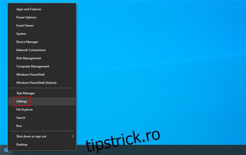 Windows 10 arată cum să accesați setările din meniul Start cu clic dreapta