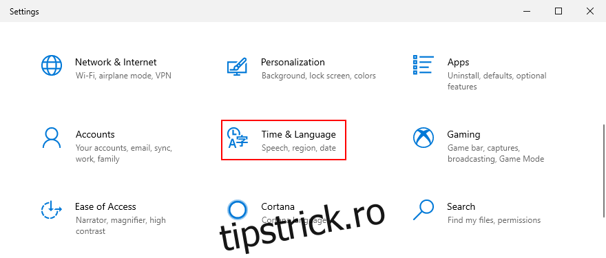 Windows 10 arată cum să accesați setările de oră și limbă