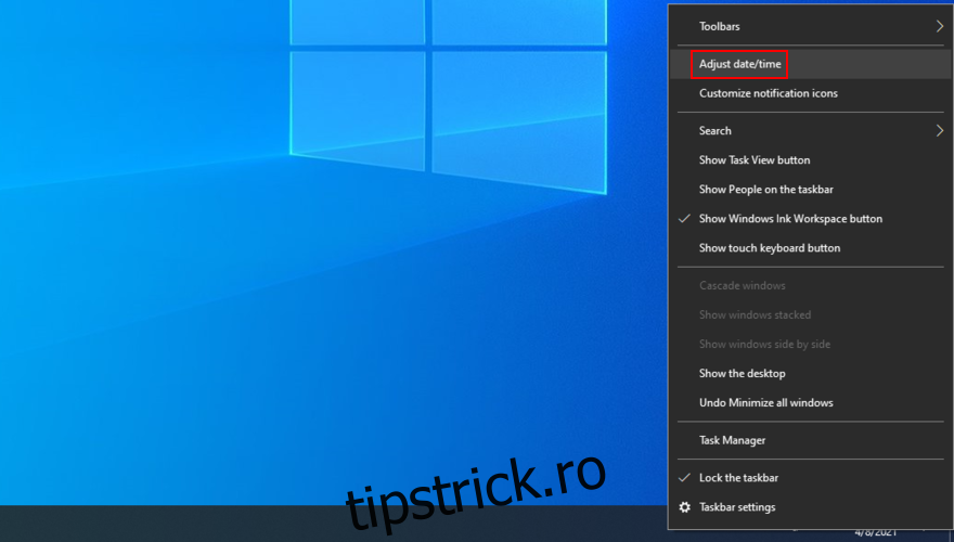 Windows 10 arată cum să ajustați setările de dată și oră din bandă de sistem