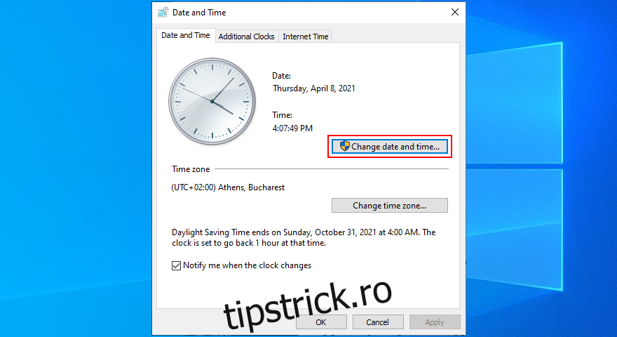 Windows 10 arată cum să schimbați data și ora