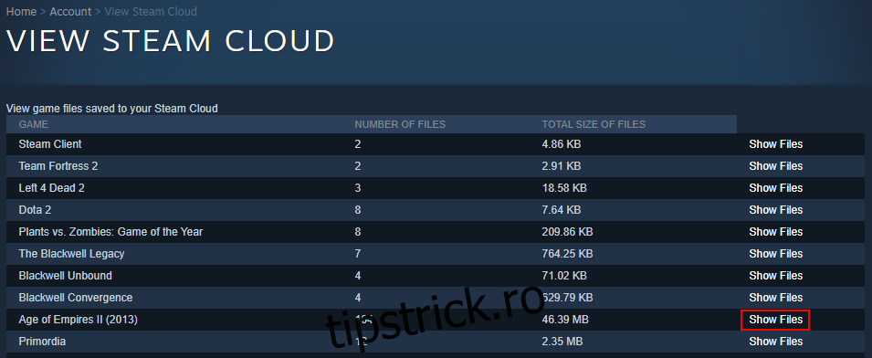 Steam Cloud arată fișierele jocului