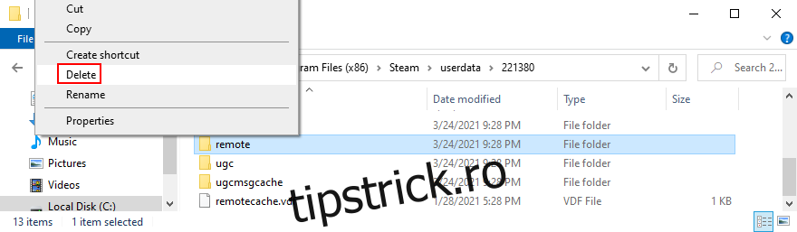 Steam arată cum să ștergeți folderul de la distanță