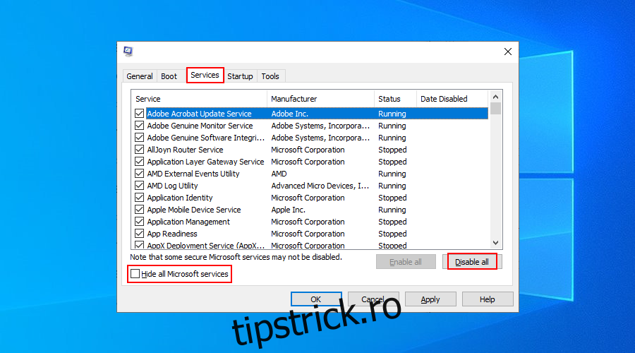 Windows 10 arată cum să dezactivați toate serviciile