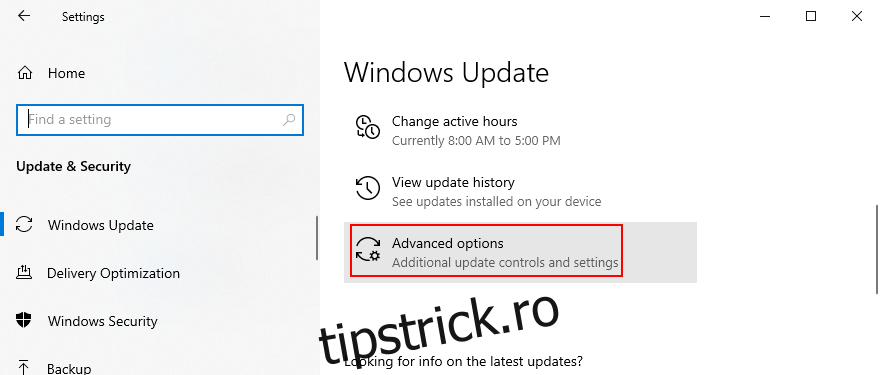 Windows 10 arată cum să accesați opțiunile avansate de actualizare Windows