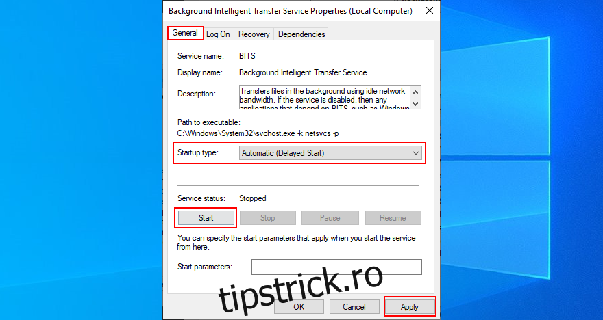 Windows 10 arată cum să schimbați tipul de pornire al serviciului de transfer inteligent în fundal