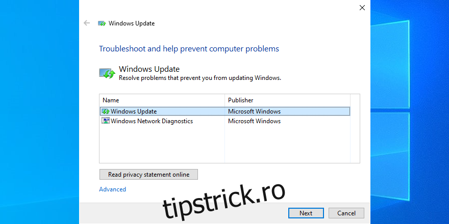 Interfața grafică a utilitarului Windows Update Diagnostic
