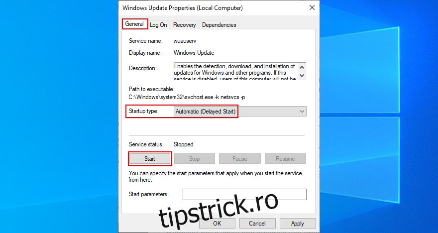 Windows 10 arată cum să modificați proprietățile serviciului Windows Update