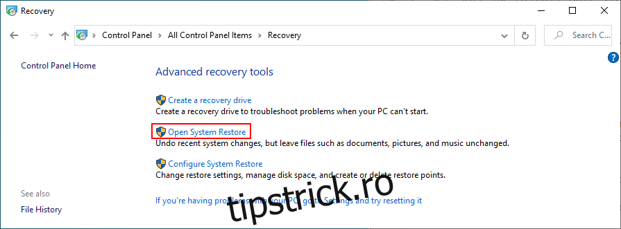 Windows 10 arată cum să deschideți System Restore