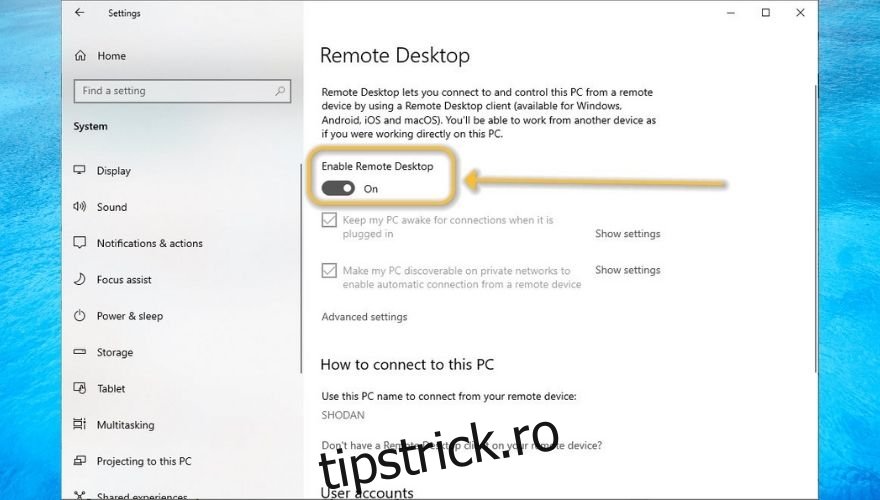 Comutați comutatorul Activare desktop la distanță la Activat