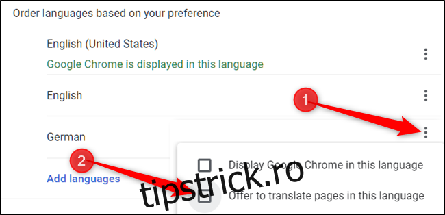 Alegeți manual ce face Chrome cu o limbă făcând clic pe cele trei puncte de lângă o limbă, apoi bifați/debifați 