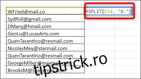 Faceți clic pe o celulă goală și introduceți =SPLIT(cell_with_data, 