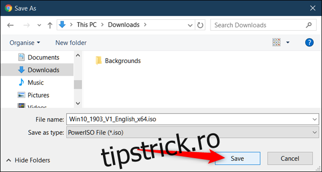 Selectați folderul în care doriți să descărcați Windows 10, apoi faceți clic 