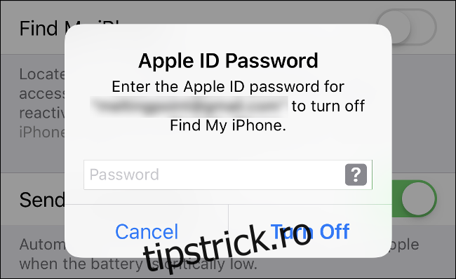 Introduceți parola ID-ului Apple pentru a dezactiva 