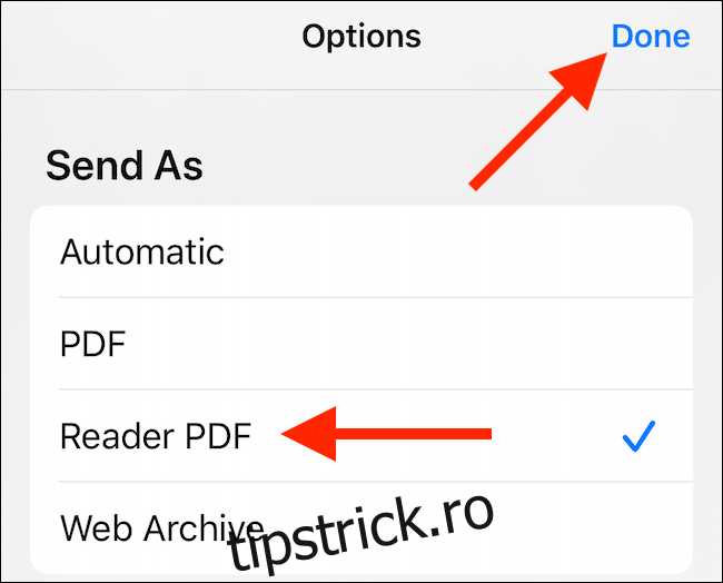 Selectați opțiunea PDF dorită, apoi atingeți 
