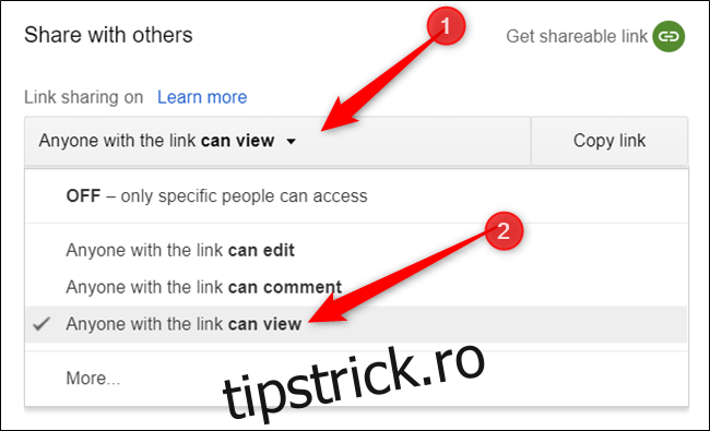 Dacă doriți să mențineți un link partajat cu acces numai pentru vizualizare, faceți clic pe meniul drop-down, apoi faceți clic 