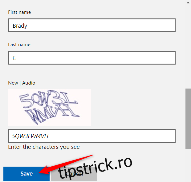 Introduceți noul dvs. nume (numele și prenumele), urmat de provocarea CAPTCHA.  Clic 
