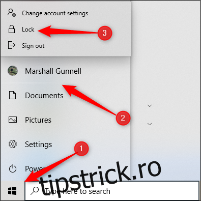 Faceți clic pe butonul Start (pictograma Windows), selectați numele contului dvs., apoi faceți clic 