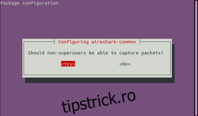 Ecranul de opțiuni care permite utilizatorilor non-root să ruleze Wireshark, cu 