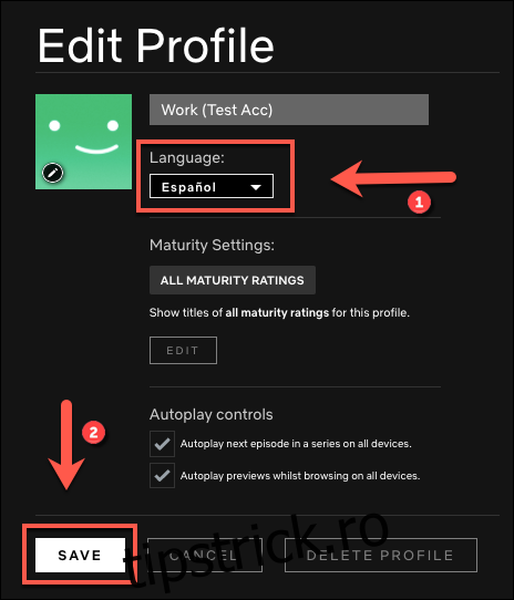 Selectați limba în care doriți să vă schimbați profilul, apoi faceți clic 