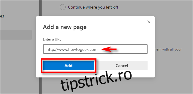 În Setări Edge, introduceți o adresă de site web, apoi faceți clic 