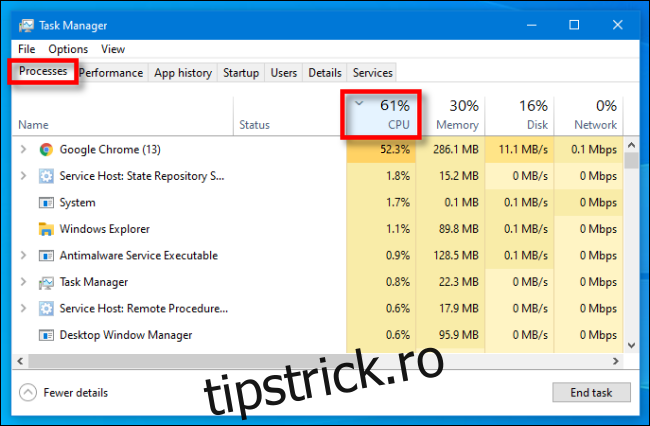 În Task Manager pe Windows 10, selectați 