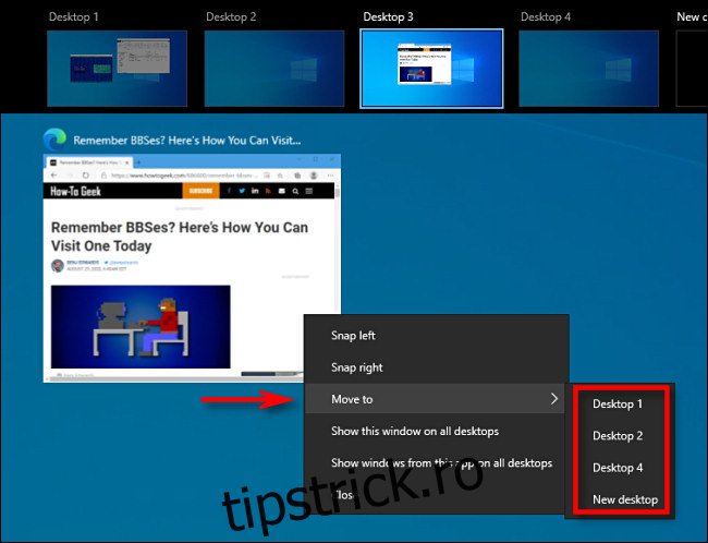 În Vizualizare activități pe Windows 10, faceți clic dreapta pe miniatura unei ferestre și selectați 