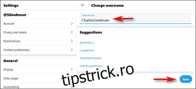 În Twitter pe web, introduceți noul nume de utilizator și faceți clic 