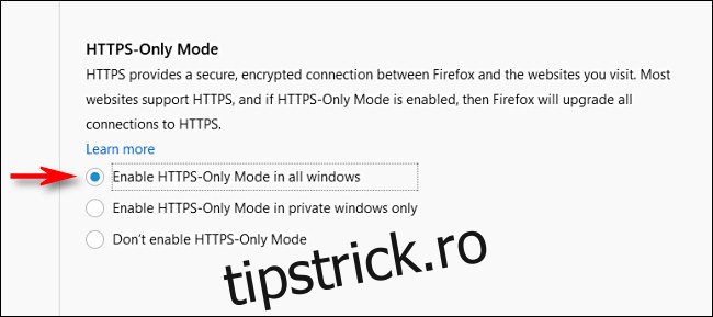 În Opțiuni de confidențialitate Firefox, selectați 