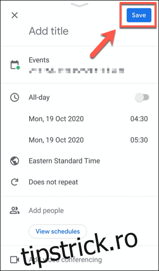 Salvați un eveniment Google Calendar atingând butonul 