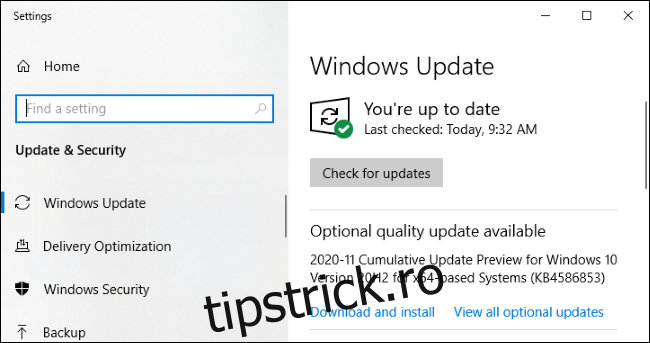 Actualizare Windows care afișează un 