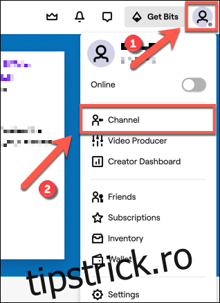 Pentru a vă accesa canalul Twitch, atingeți pictograma canalului din dreapta sus.  Din meniul drop-down, faceți clic pe 