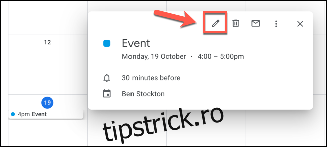 Faceți clic pe un eveniment din Google Calendar, apoi faceți clic pe 